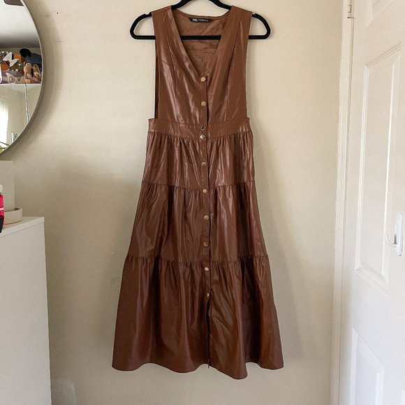 Zara Brown Faux Leather Midi Dress - Picture 3 of 8